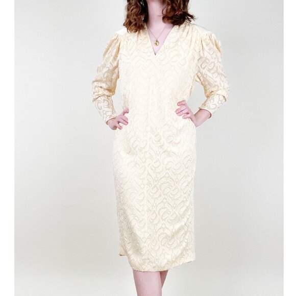 Vintage 70s 80s Couture Designer Midi Dress Textured Knit Eccentric Old Money - Picture 4 of 4